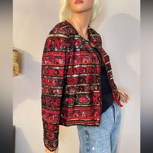 Papell Boutique Evening silk red green sequin bead embellished jacket medium m